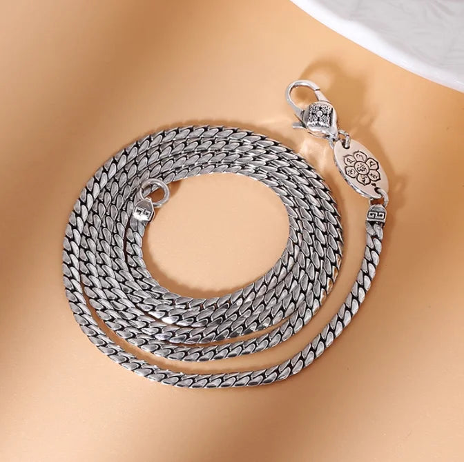 BOCAI New Real Solid S925 Silver Fashionable Style Flat Cut Clavicle Chain 5MM Simple Sideways Snake Bone Man Necklace