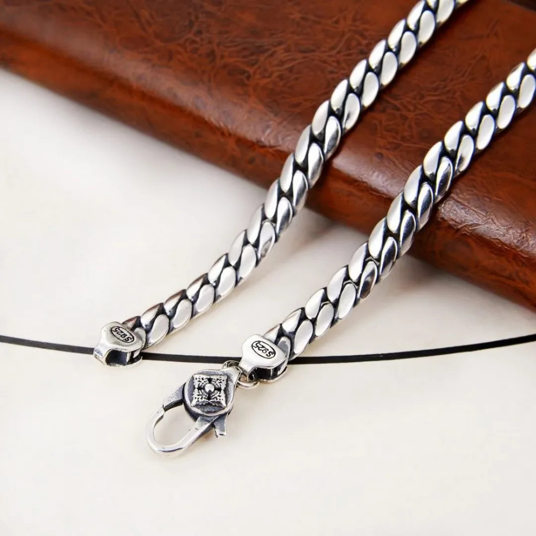 BOCAI New Real Solid S925 Silver Fashionable Style Flat Cut Clavicle Chain 5MM Simple Sideways Snake Bone Man Necklace