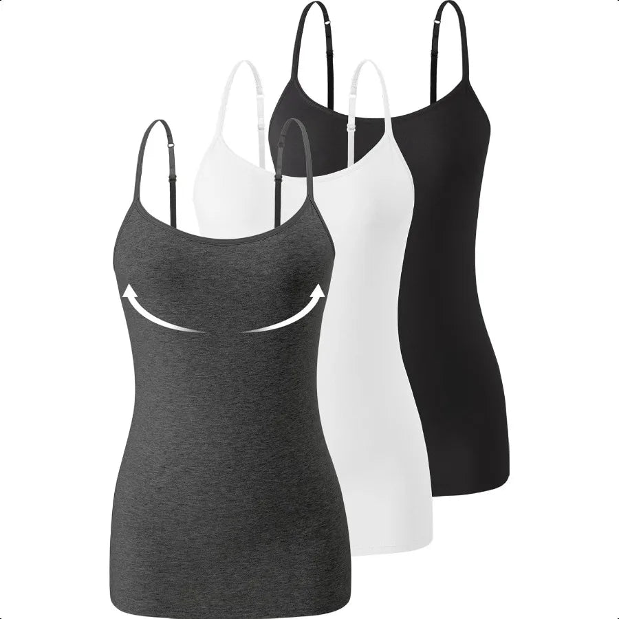 3Pack Womens Camisole with Shelf Bra Adjustable Spaghetti Strap Cami Cotton Undershirt Tanks
