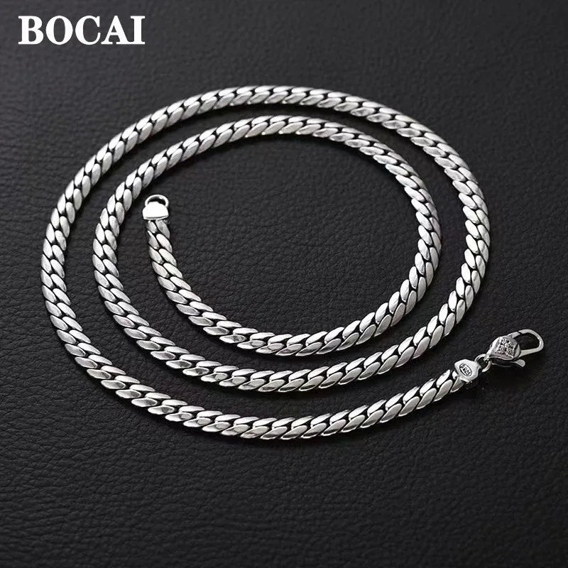 BOCAI New Real Solid S925 Silver Fashionable Style Flat Cut Clavicle Chain 5MM Simple Sideways Snake Bone Man Necklace