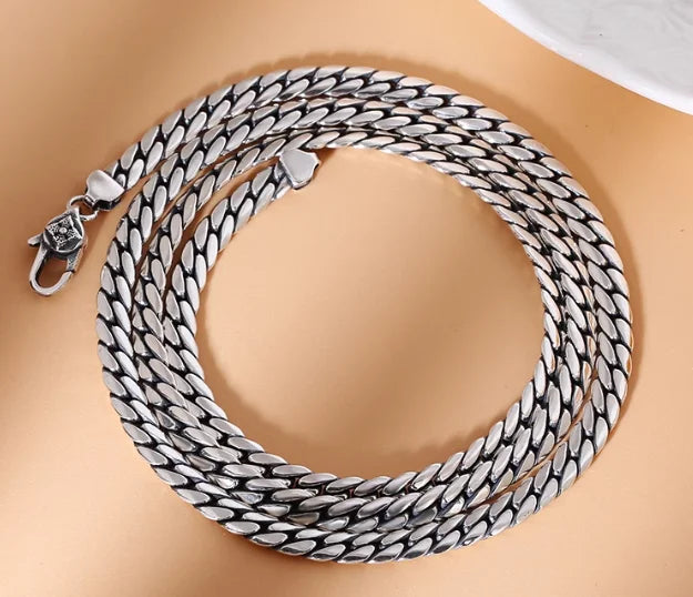 BOCAI New Real Solid S925 Silver Fashionable Style Flat Cut Clavicle Chain 5MM Simple Sideways Snake Bone Man Necklace