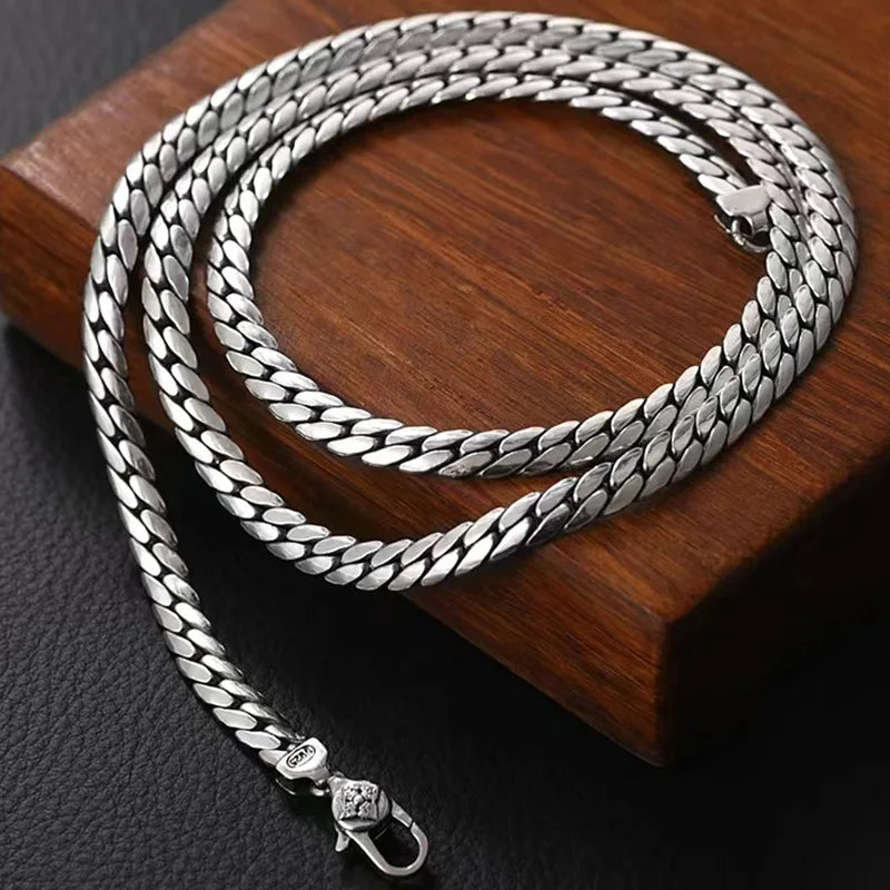 BOCAI New Real Solid S925 Silver Fashionable Style Flat Cut Clavicle Chain 5MM Simple Sideways Snake Bone Man Necklace