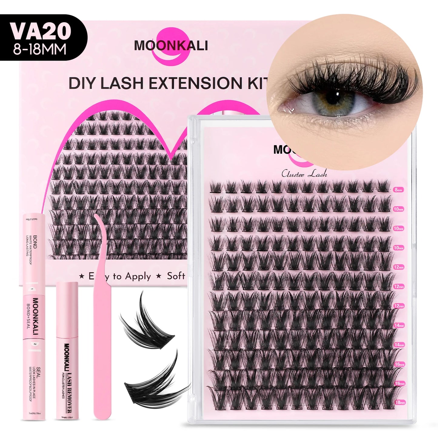 MOONKALI DIY Lash Extension Kit – Mixed Cluster Lashes (8–18mm) with Bond, Seal & Applicator