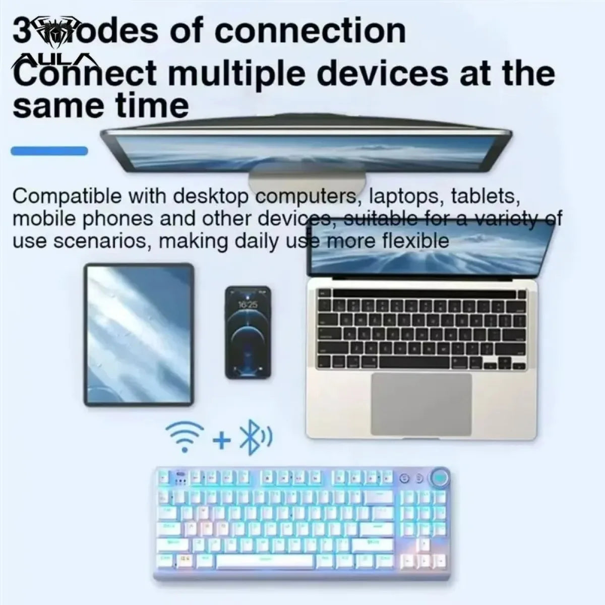 AULA F3001 Wireless Keyboard Esports Bluetooth Wired 87Key Backlight Gaming Keyboard Accessories for Windows/Mac/IOS/Android