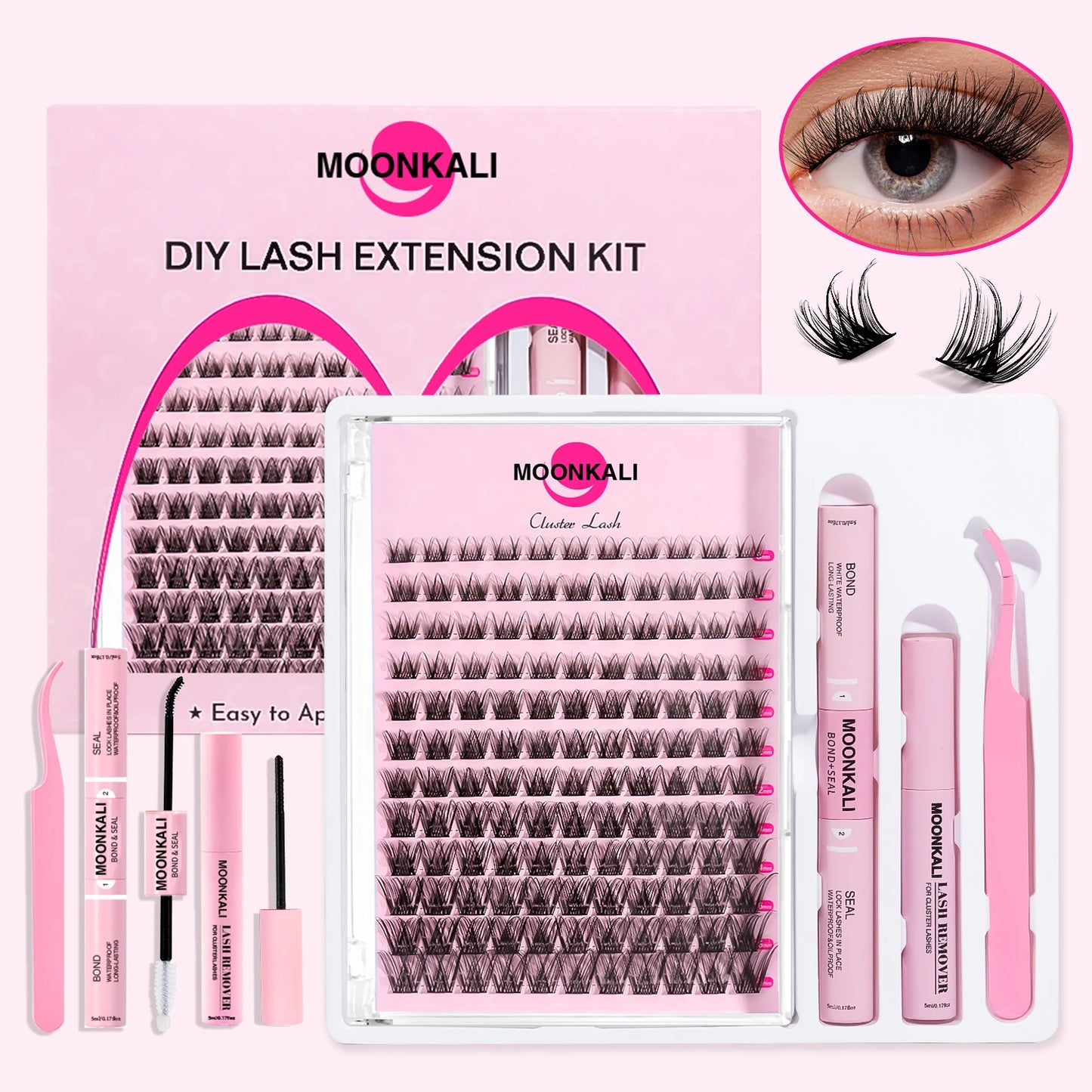 MOONKALI DIY Lash Extension Kit – Mixed Cluster Lashes (8–18mm) with Bond, Seal & Applicator
