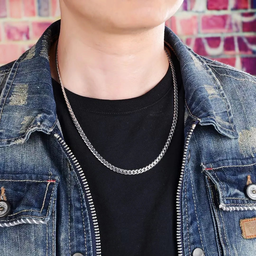 BOCAI New Real Solid S925 Silver Fashionable Style Flat Cut Clavicle Chain 5MM Simple Sideways Snake Bone Man Necklace