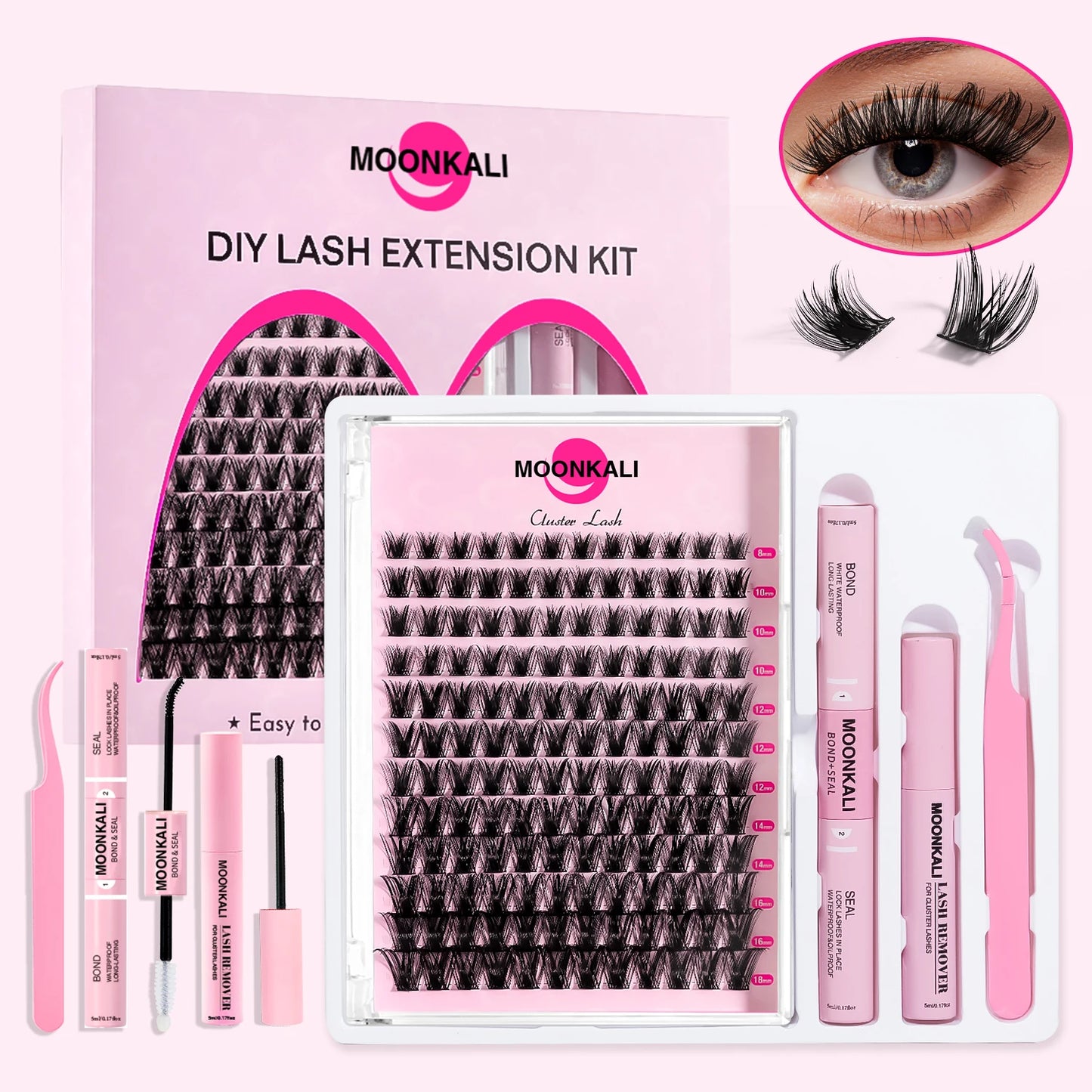MOONKALI DIY Lash Extension Kit – Mixed Cluster Lashes (8–18mm) with Bond, Seal & Applicator