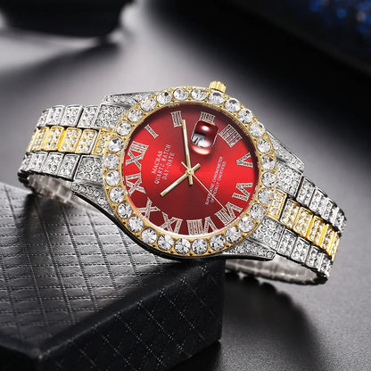 HHIOK Custom Diamond Wristwatch for Men, RGB Roman Dial Fully Iced-Out Quartz Watch, 18K Gold Plated Shockproof
