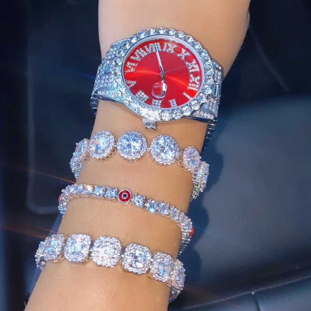 Necklace+Watch+Bracelet Iced Out Watch For Men Hip Hop 14MM Prong Cuban Chain Rapper Cuban Necklaces Set Punk Party Jewelry Gift