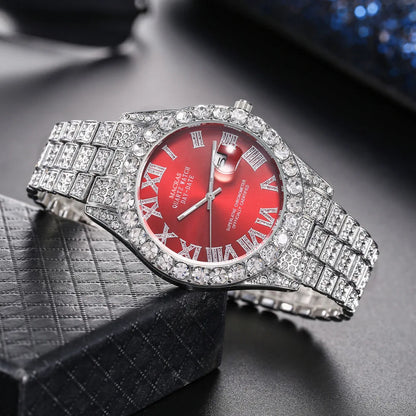 HHIOK Custom Diamond Wristwatch for Men, RGB Roman Dial Fully Iced-Out Quartz Watch, 18K Gold Plated Shockproof