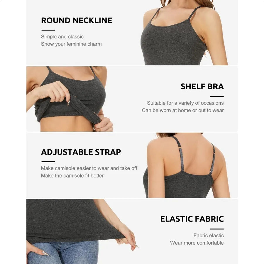 3Pack Womens Camisole with Shelf Bra Adjustable Spaghetti Strap Cami Cotton Undershirt Tanks