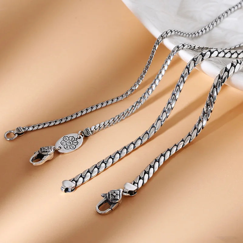 BOCAI New Real Solid S925 Silver Fashionable Style Flat Cut Clavicle Chain 5MM Simple Sideways Snake Bone Man Necklace