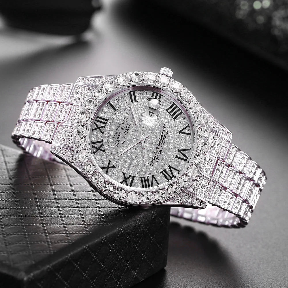 HHIOK Custom Diamond Wristwatch for Men, RGB Roman Dial Fully Iced-Out Quartz Watch, 18K Gold Plated Shockproof