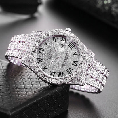 HHIOK Custom Diamond Wristwatch for Men, RGB Roman Dial Fully Iced-Out Quartz Watch, 18K Gold Plated Shockproof