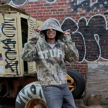 Y2K HARAJUKU Camo Zipper Hoodie – Hip Hop Streetwear for Men & Women