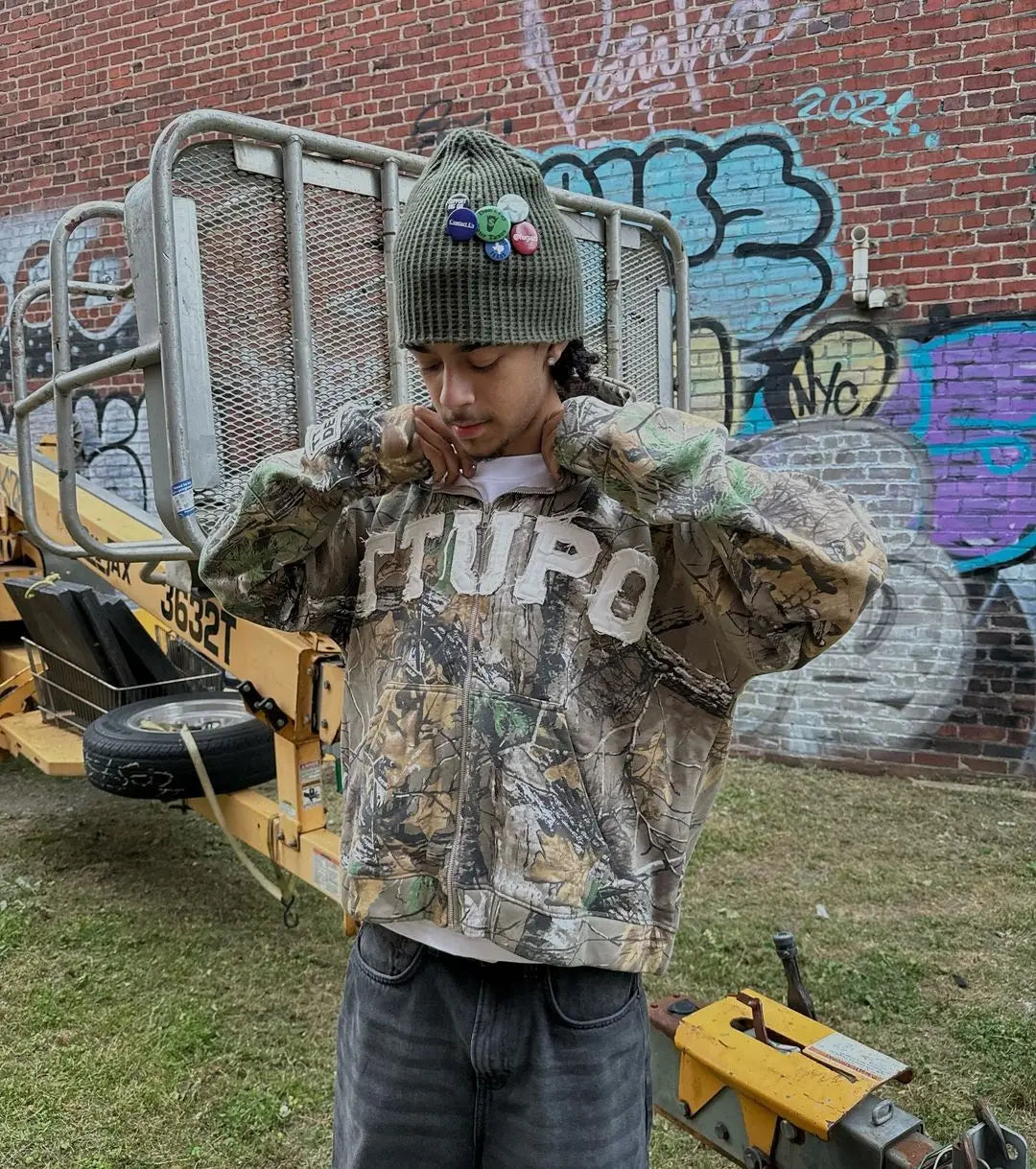 Y2K HARAJUKU Camo Zipper Hoodie – Hip Hop Streetwear for Men & Women