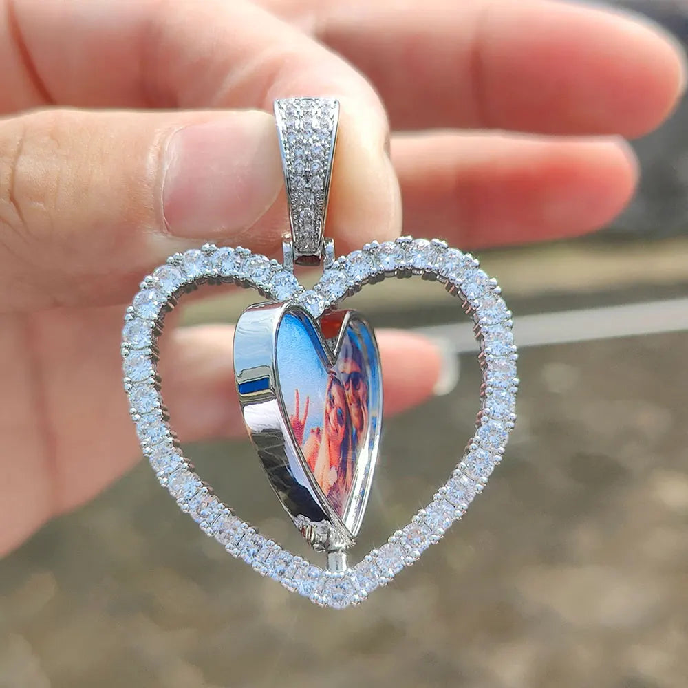 Two-Sided Heart Picture Pendant Necklace Jewelry For Men Hip Hop Custom Iced Out Photo Spinning Pendant Women Drop Shipping