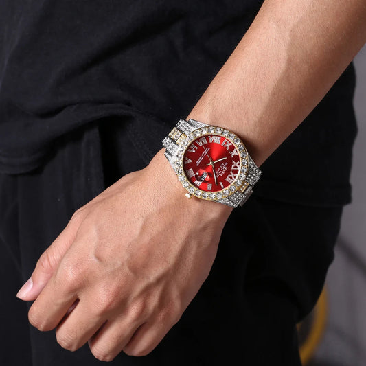 HHIOK Custom Diamond Wristwatch for Men, RGB Roman Dial Fully Iced-Out Quartz Watch, 18K Gold Plated Shockproof