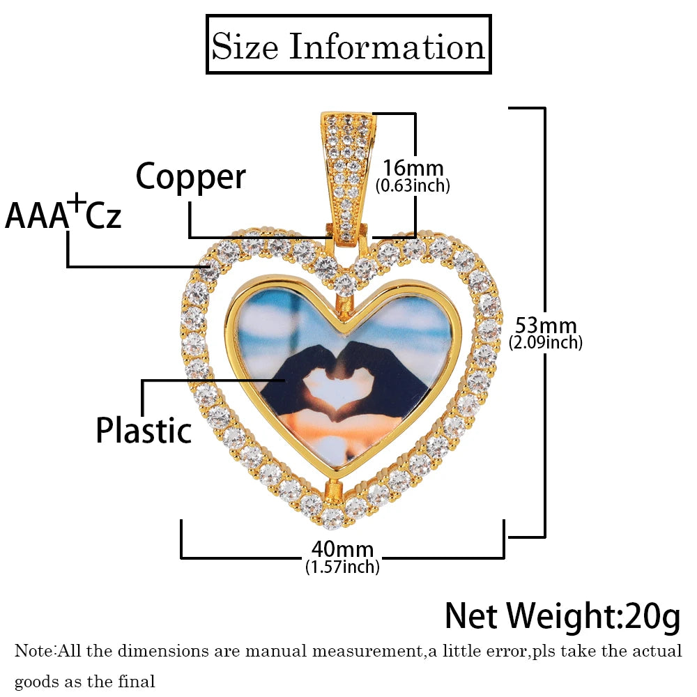 Two-Sided Heart Picture Pendant Necklace Jewelry For Men Hip Hop Custom Iced Out Photo Spinning Pendant Women Drop Shipping