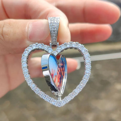 Two-Sided Heart Picture Pendant Necklace Jewelry For Men Hip Hop Custom Iced Out Photo Spinning Pendant Women Drop Shipping