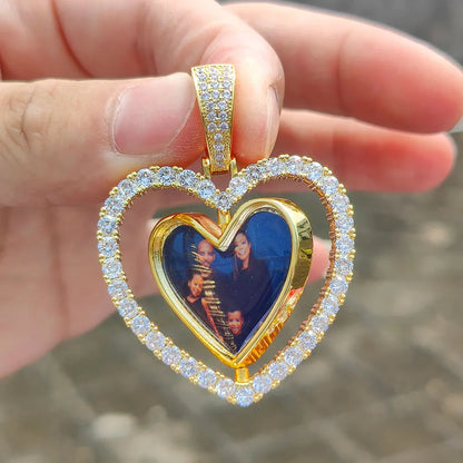 Two-Sided Heart Picture Pendant Necklace Jewelry For Men Hip Hop Custom Iced Out Photo Spinning Pendant Women Drop Shipping