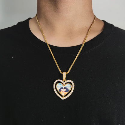 Two-Sided Heart Picture Pendant Necklace Jewelry For Men Hip Hop Custom Iced Out Photo Spinning Pendant Women Drop Shipping